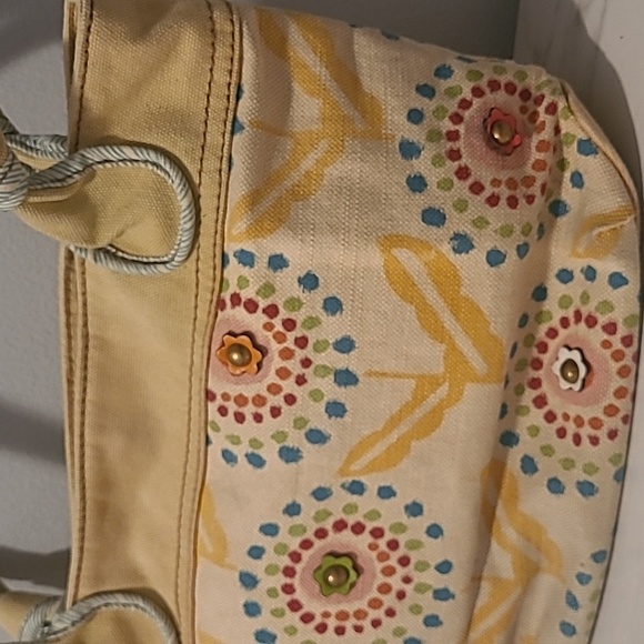 Fossil Yellow Beige Floral Canvas Leather Flowers Accent Knot Handles Tote Boho - Picture 3 of 16